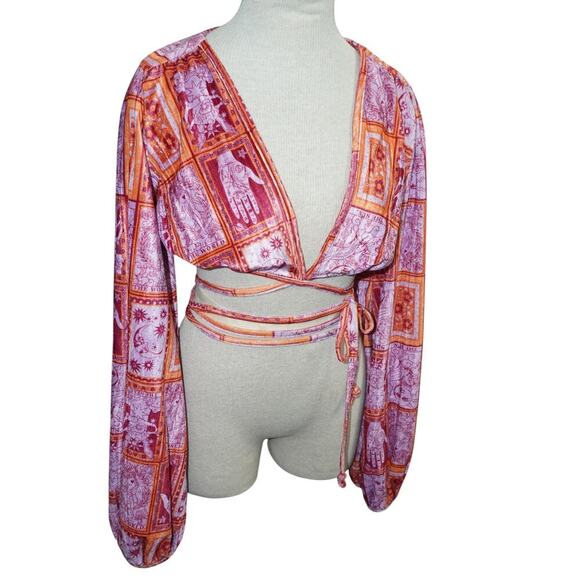Urban Outfitters Tarot Print Wrap Crop Top Boho Bell Sleeve Festival Blouse – M - Picture 5 of 9